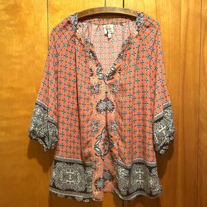 Fig and Flower 1X Coral / Orange Geometric Print Blouse-Boho-Cottagecore-Peasant